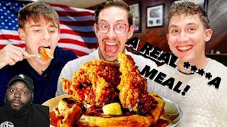 CHICAGO DUDES REACTION TO Brits try Chicken and Waffles with Try Guy Keith!