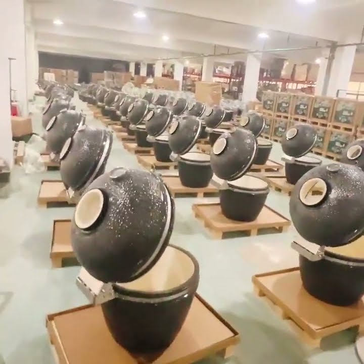 The Kamado ceramic bbq grills are neatly arranged, like rows of soldiers waiting to be inspected