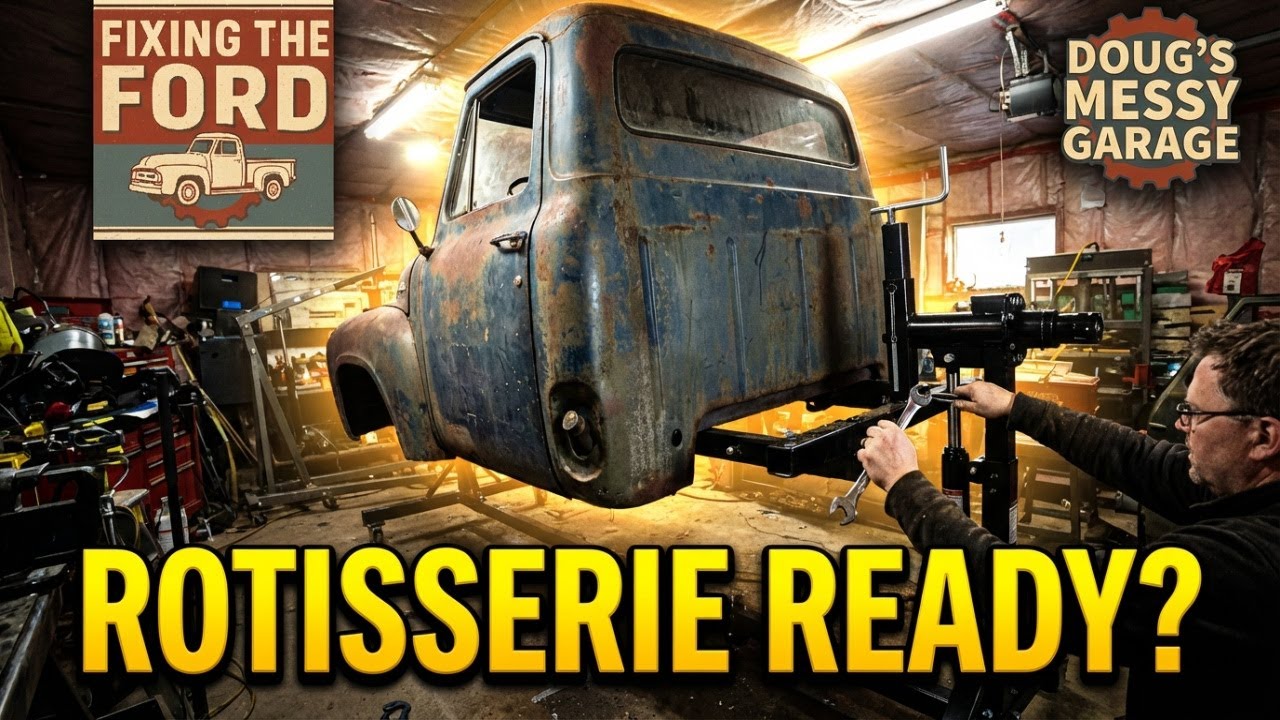 Подготовка кабины Ford F100 1953 года для установки на поворотный стенд — болты и крепления рамы.