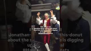 Jonathan Groff dancing with donuts original king in Hamilton on broadway