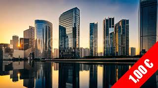 Sunset Waterfront Business District Reflection HD Stock Footage