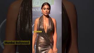 Shriya Sarans Sexy Thigh-High Slit Backless Golden Gown