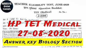HP TET MEDICAL ANSWER KEY 2020. Biology Section_By : Praveen Kumari Verma.