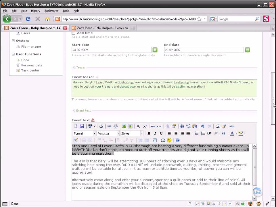 Adding an event item in typolight CMS