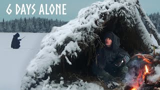 6 Day Winter Camping by a Frozen Lake: ICE FISHING & Bushcraft Shelter Build