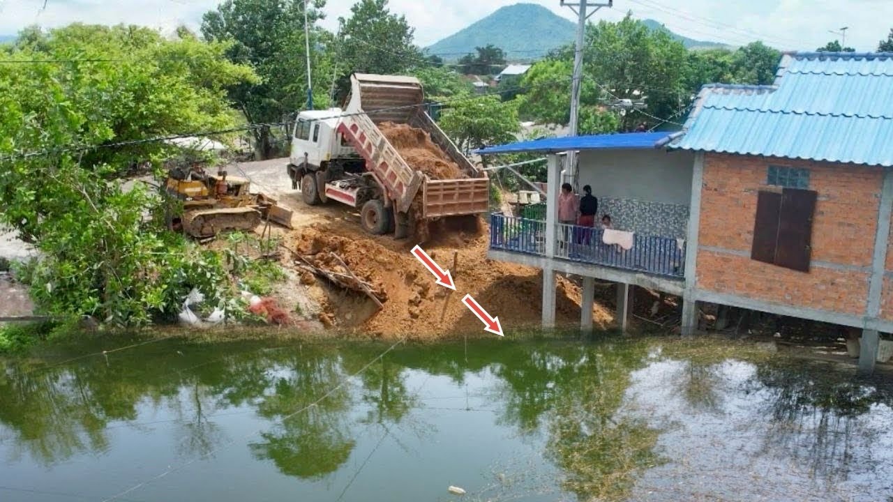 First Starting A New Project! Filling Land 5ton Trucks Pushing soil By Bulldozer Komat'su D20P