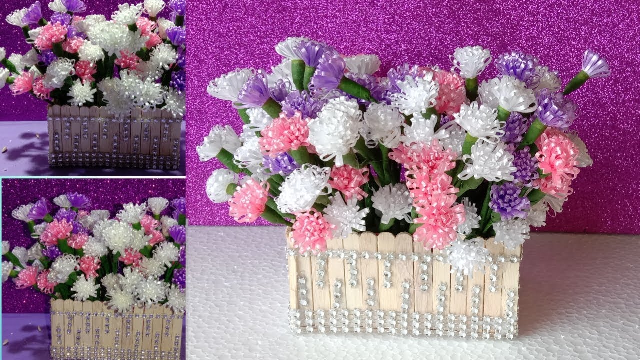 Tutorial Vas Bunga Dari Stik Es Krim Dan Juga Bunga Dari Pita Plastik Youtube Bunga Buatan Sendiri Bunga Kain Bunga Pita