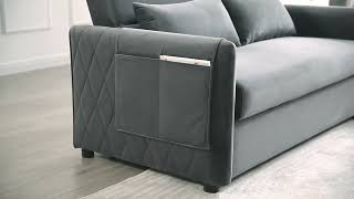 1012 Modern Convertible Sofa Bed with 2 Arm Pockets Velvet Loveseat Sofa with Pull Out Bed 2 Pillows screenshot 1