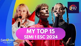 MY TOP 15 - FIRST SEMIFINAL - AFTER FIRST REHEARSALS - EUROVISION 2024