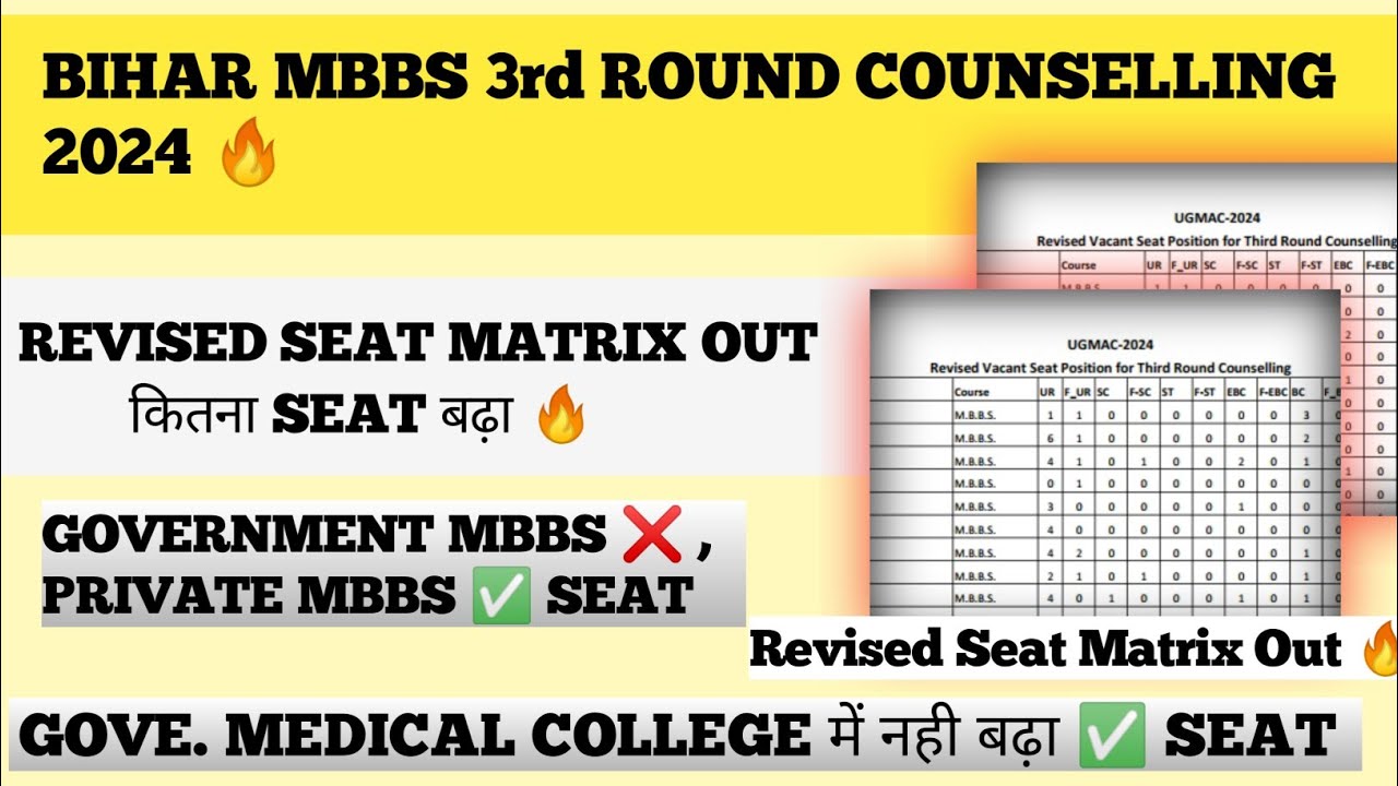 Bihar MBBS 3rd Round Counselling 2024‼️Revised Seat Matrix Out🔥 कितना Seat बढ़ा‼️Gove./Private Seat