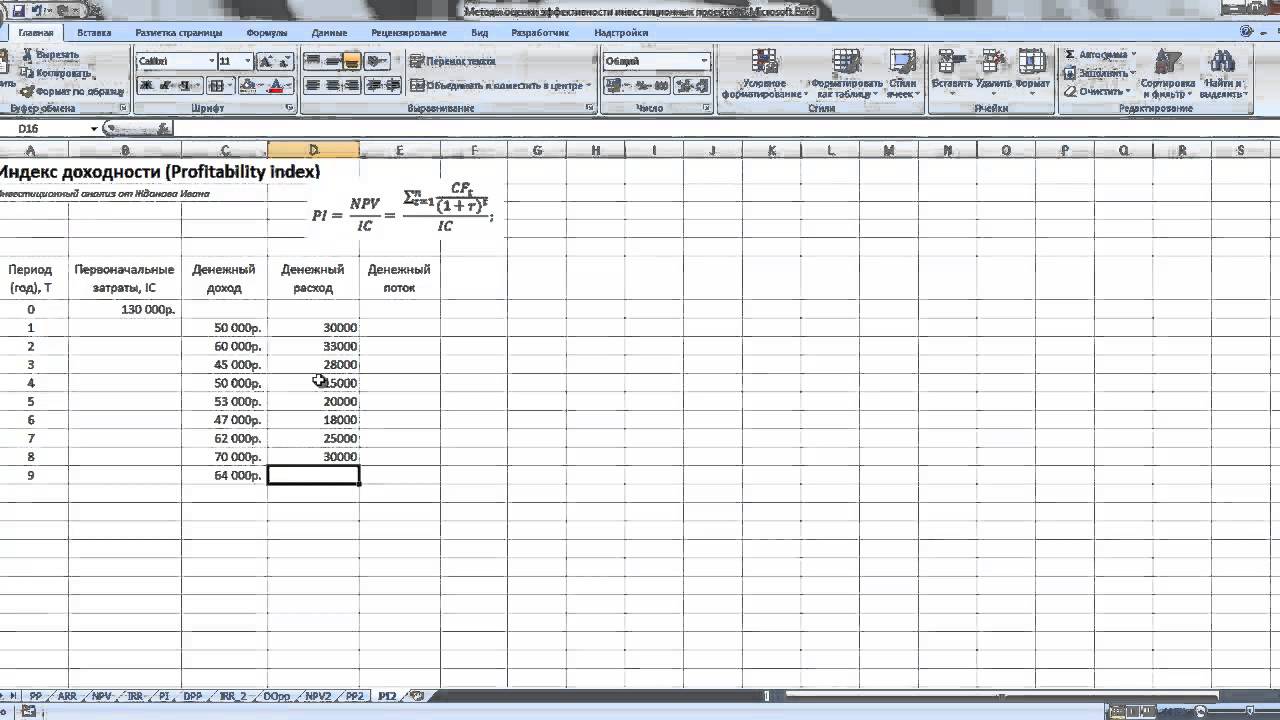 Индекс доходности проекта (PI) в Excel для бизнес-плана - YouTube
