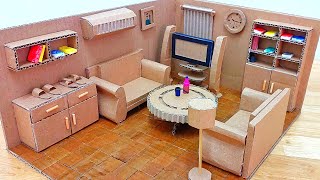 DIY Miniature Cardboard House|CARDBOARD LIVING ROOM|JHS DAY TO DAY CRAFT
