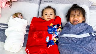 Monkey Kaka and Diem wrapped in blankets like newborn baby is so cute