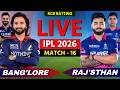 🔴 RCB vs RR, IPL 2026, Cricket Live Match Today Scores &amp; Commentary, Bangalore vs Rajasthan