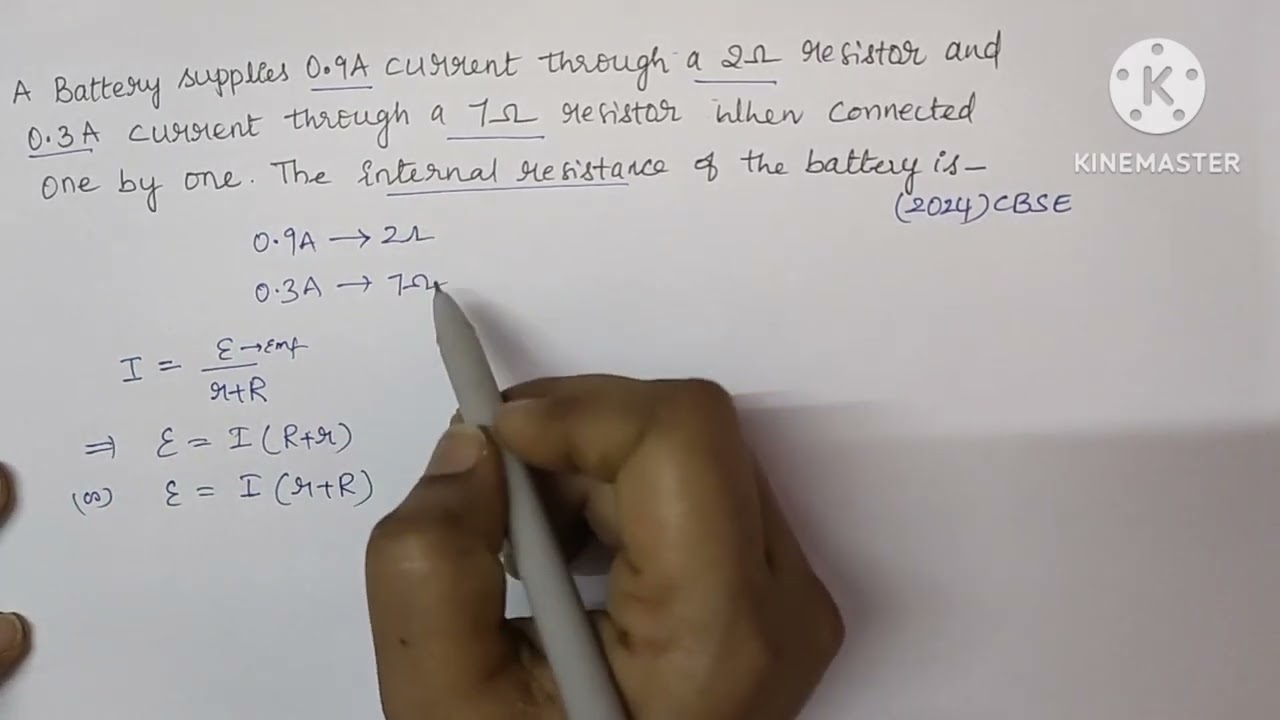 A battery supplies 0.9 A current through a 2 ohm resistor and 0.3 A current through a 7 ohm resistor