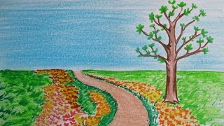 drawing landscape simple draw scenery tree flowers