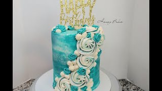 Teal Colored Rosette Birthday Cake. Cake Decorating