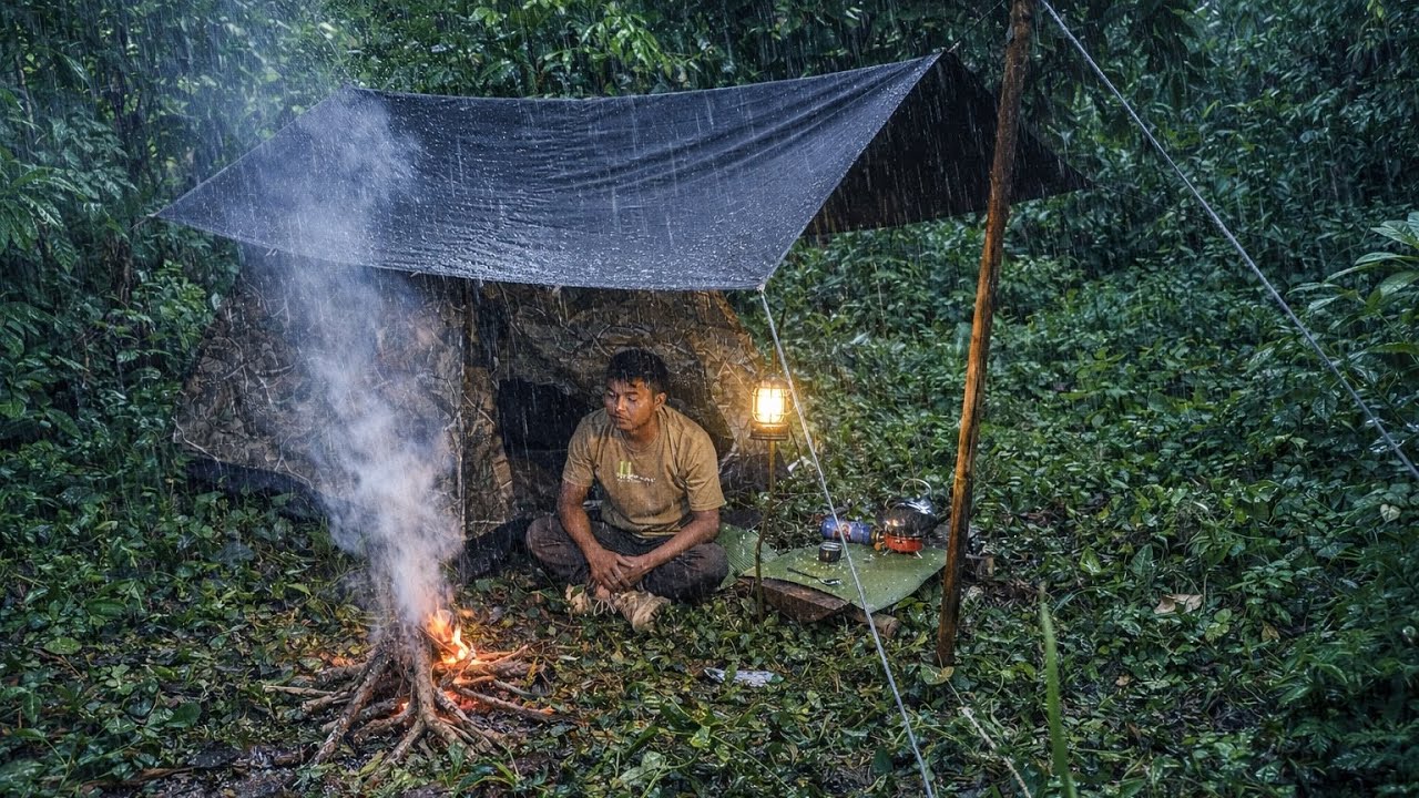 Solo Camping in the Rain | Peaceful Village Ambience #camping #bushcraft #survival