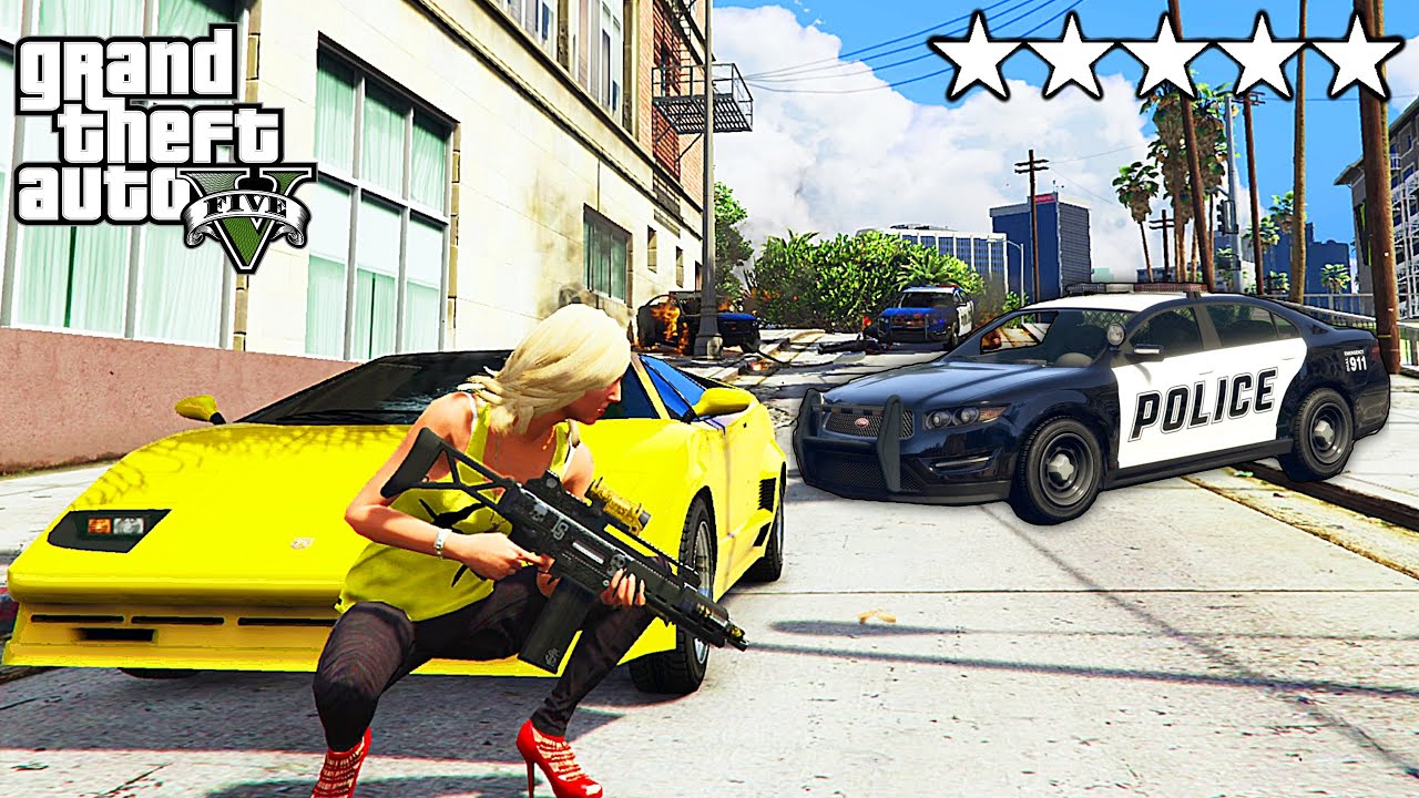 GTA 5 CRAZY GIRL FIVE STAR COP BATTLE RAMPAGE MAYHEM LOS SANTOS - YouTube
