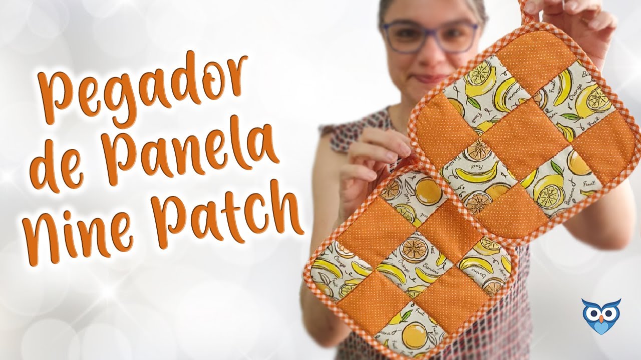 Aprenda nine patch no pegador de cozinha em tecido