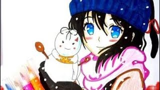 رسم فتاة من الانمي في فصل الشتاء