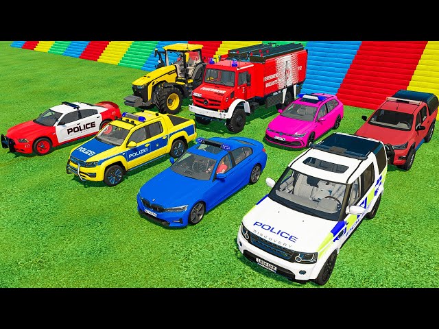 TRANSPORTING JOHN DEERE TRACTOR, FIRE DEPARTMENT, ALL POLICE CARS WITH MAN TRUCKS ! FS22 class=