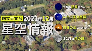 2021年12月の星空情報・天文現象（夕方の惑星たち（金・土・木）／ふたご座流星群／初日の出の時刻は？／12月の月の暦）
