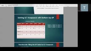 Filling the DP Table for Knapsack