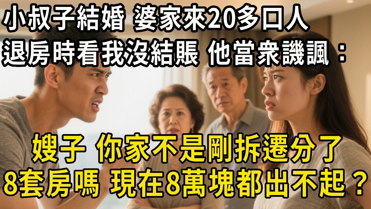 小叔子結婚，婆家來20多口人，退房時看我沒結賬，當衆譏諷：嫂子，你家不是剛拆遷分了8套房嗎，8萬塊都出不起？#翠花的秘密#婆媳#家庭故事