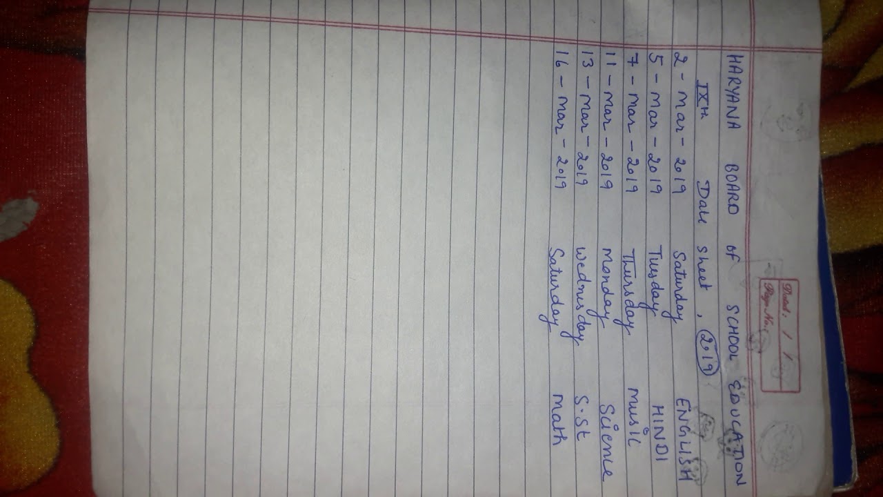 HBSE Class 9th date sheet 2019