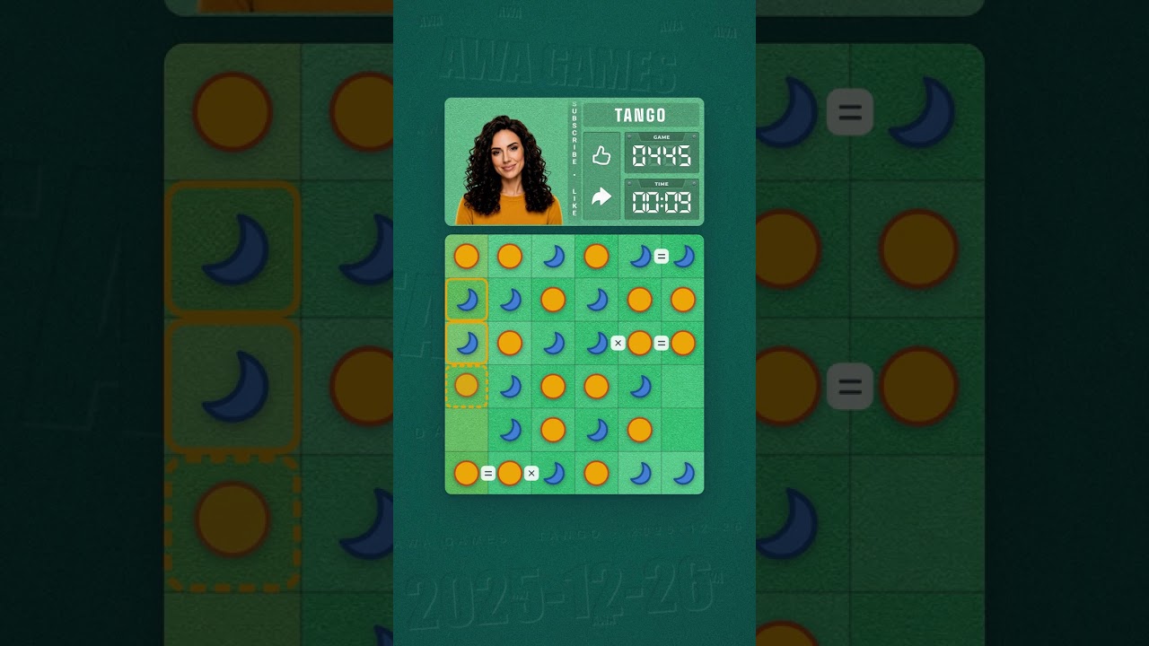 LinkedIn Tango #445 solved board for December 26, 2025, 6x6 grid