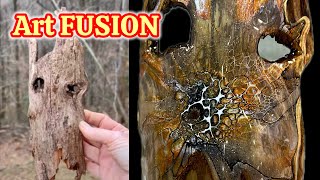 341. My NEW Technique “FUSION” Fluid Art joins Natural Wood, Mixed Media Art, Wood Art, Groot?