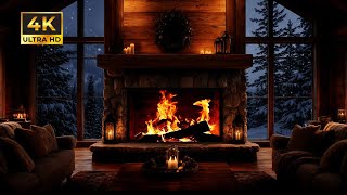 🔥 Cozy Winter Cabin Fireplace 4K UHD • Snowy Window & Crackling Fire Sounds for Deep Relaxation