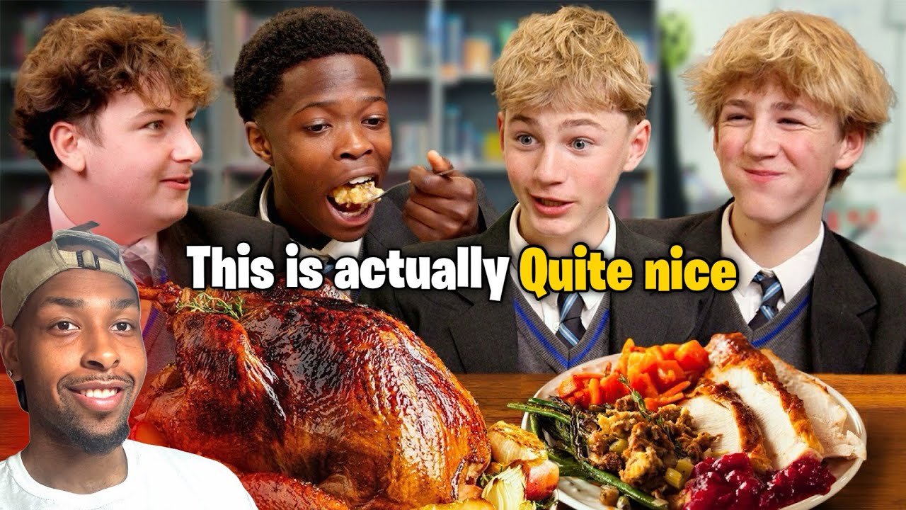 British Highschoolers try FULL Thanksgiving Dinner! | Reaction