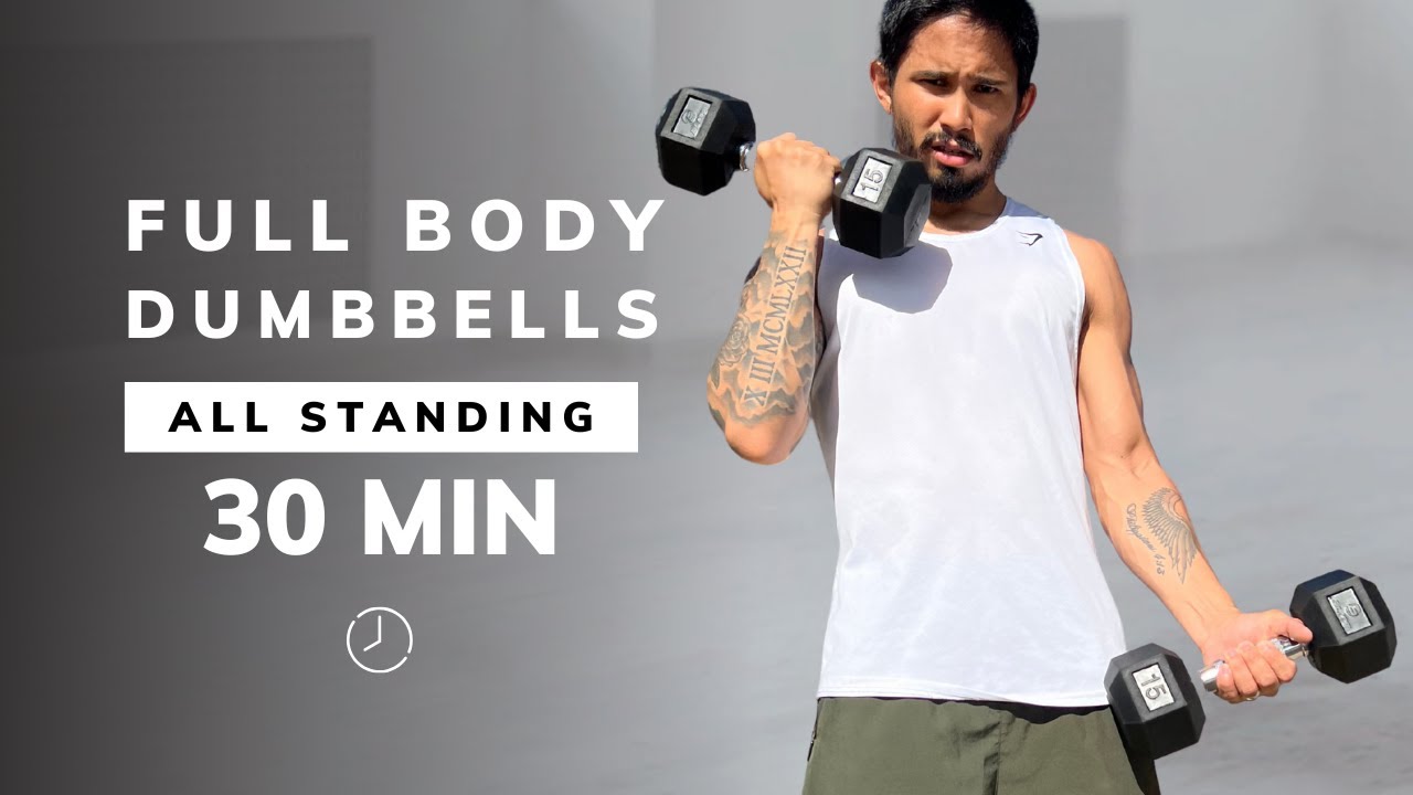 30 Min STANDING FULL BODY DUMBBELLS - With Weights, No Jumping HIIT ...