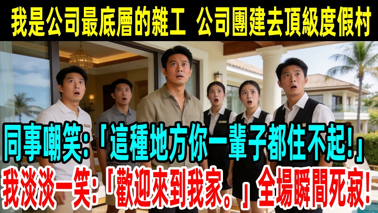 我是公司最底層的雜工,公司團建去頂級度假村,同事嘲笑:「這種地方你一輩子都住不起!」我淡淡一笑:「歡迎來到我家。」全場瞬間死寂!#情感故事 #故事頻道#故事#情感#中老年#職場