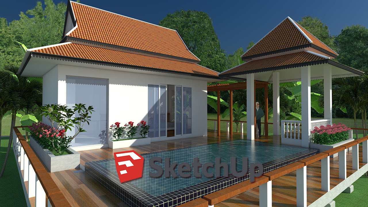 SketchUp Exterior House  design  with pool speed video 