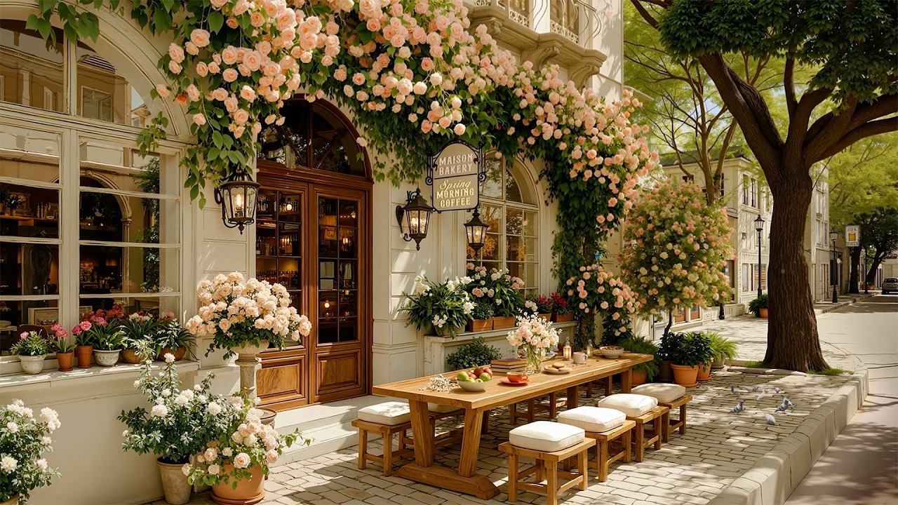 Spring Cafe Outside Spring Morning at a Cozy Outdoor Bakery Café 🌸 Gentle Relaxing Jazz for ...