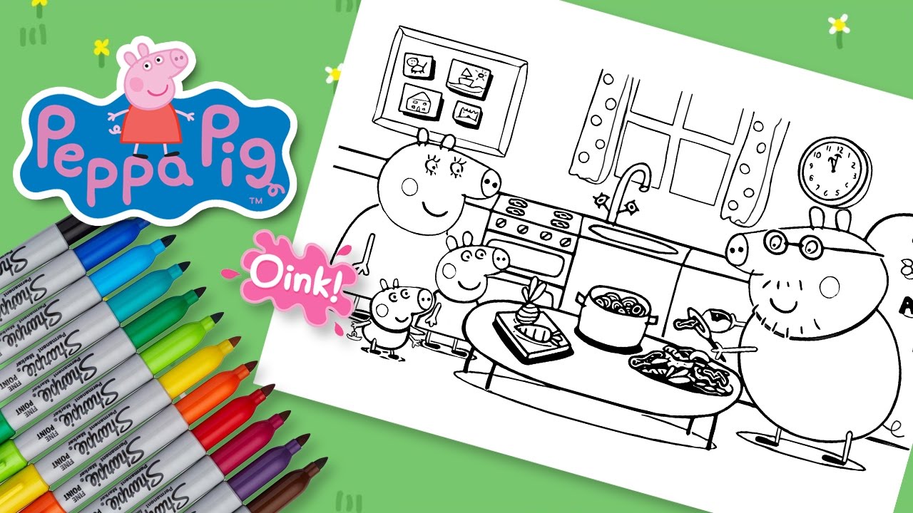 PEPPA PIG COLORING BOOK PAGES WITH FAMILY KITCHEN - YouTube