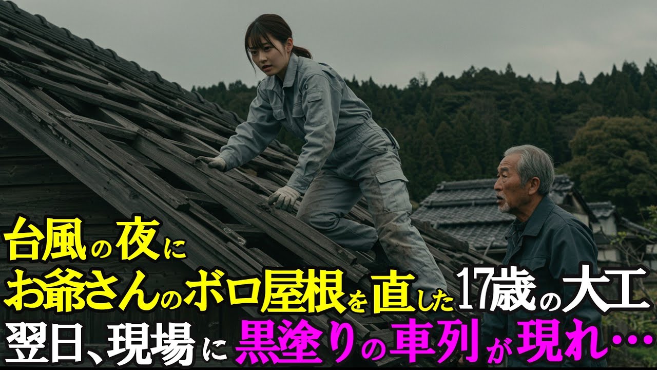台風の夜にお爺さんのボロボロの屋根を直した中卒の少女。翌日、現場に黒塗りの車列が現れ...