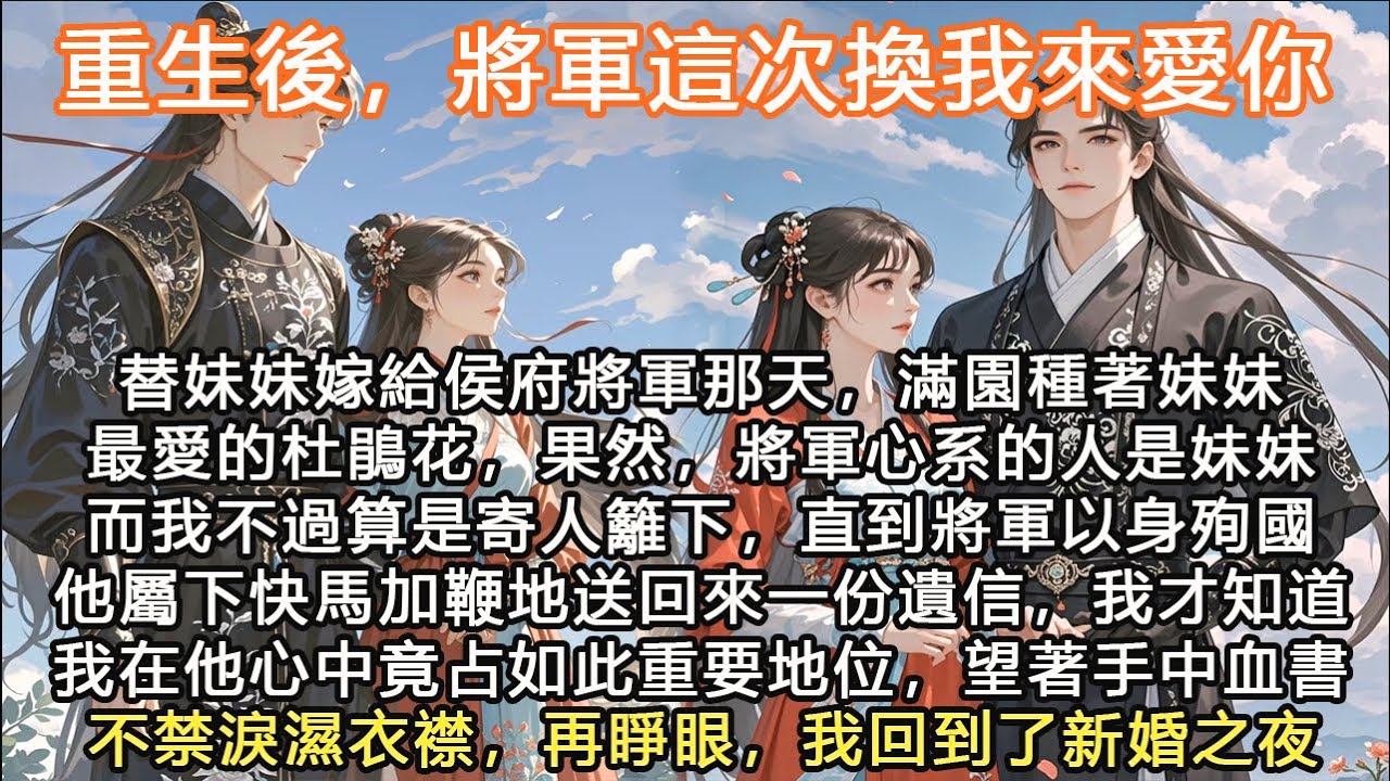 完結言情重生顛文：重生後，將軍這次換我來愛你，替妹妹嫁給侯府將軍那天，滿園種著妹妹最愛的杜鵑花，果然，將軍心系的人是妹妹，而我不過算是寄人籬下，直到將軍以身殉國，他屬下快馬加鞭地送回來一份遺信，我才知