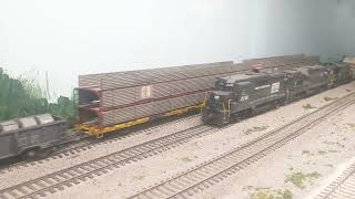 2 Penn Central Freight trains running around the layout in HO Scale