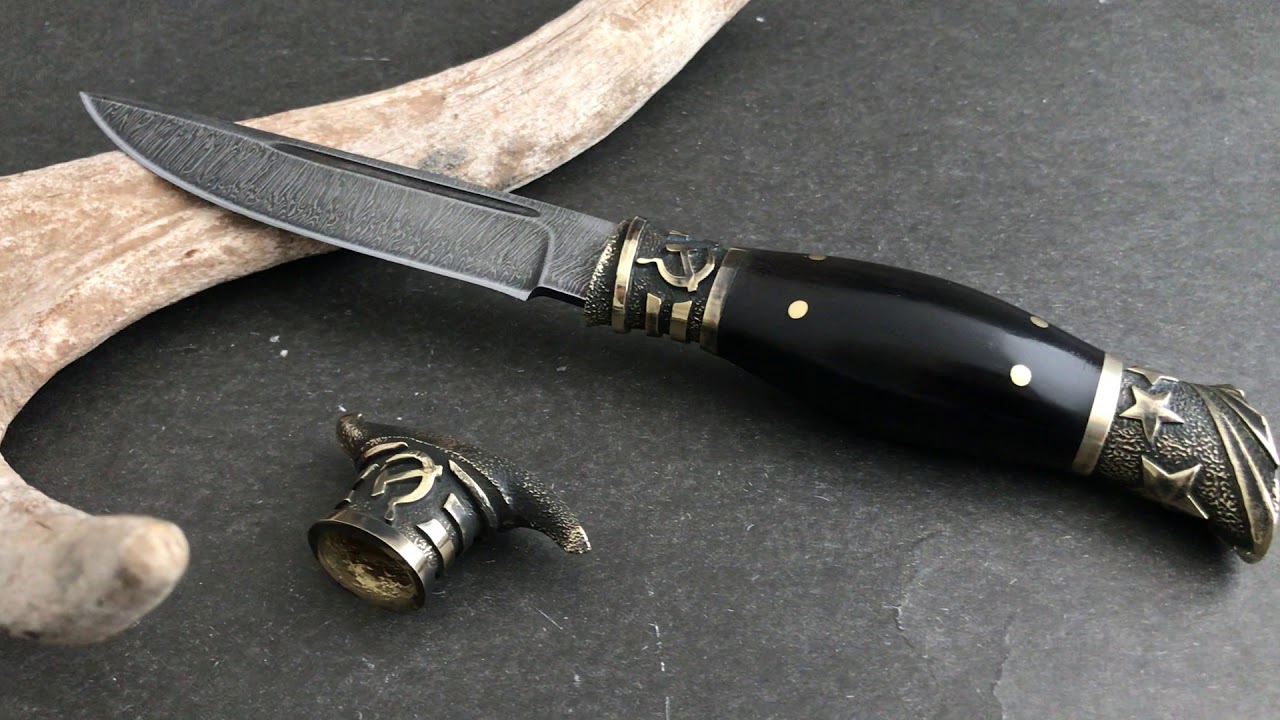 Финка НКВД из дамасской стали авторская, рукоять черный граб, кожаные ...