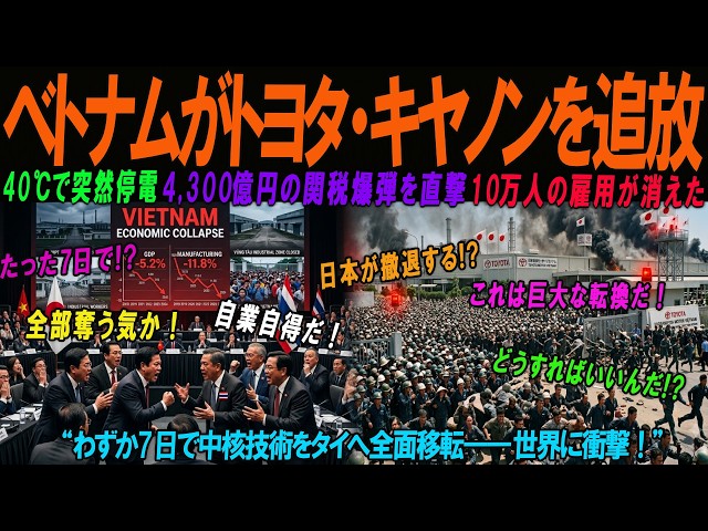 【海外の感動話】「日本はもう用済みだ」――ベトナムがトヨタ・キヤノンへ4300億円の税金爆弾と電力遮断！40度の猛暑から7日後、“無言のタイ完全撤退”――10万人の雇用消滅、6.5％成長神話崩壊
