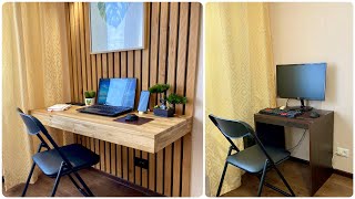 how to build a wood slat wall with floating pc desk!! 🤯😍