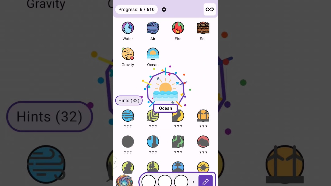 01 - Gravity, Ocean, Sky, Cloud, Steam, Plant - Solutions of Alchemy Merge - Puzzle Game