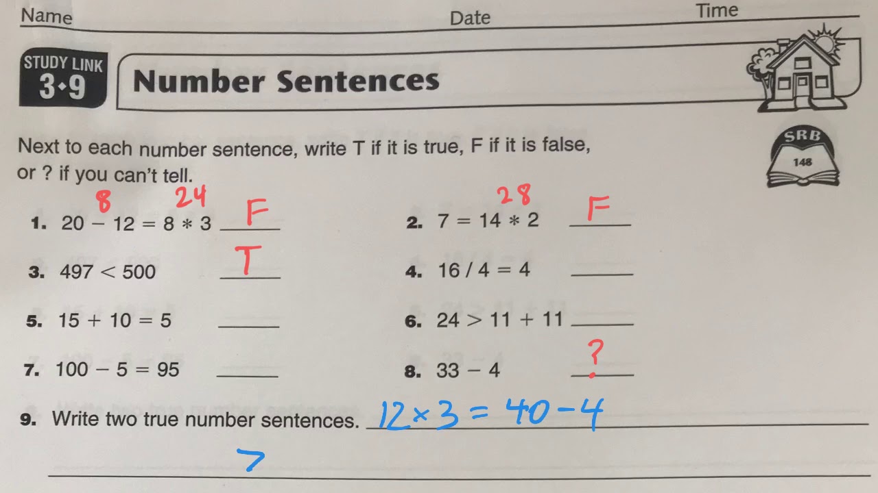 Number Sentences Study Link 3 9 YouTube