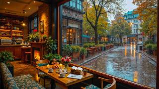 Rainy Jazz on the Street ~ Cozy Spring Cafe Ambience ☕ Soft Jazz & Warm Fireplace for Study, Relax screenshot 5