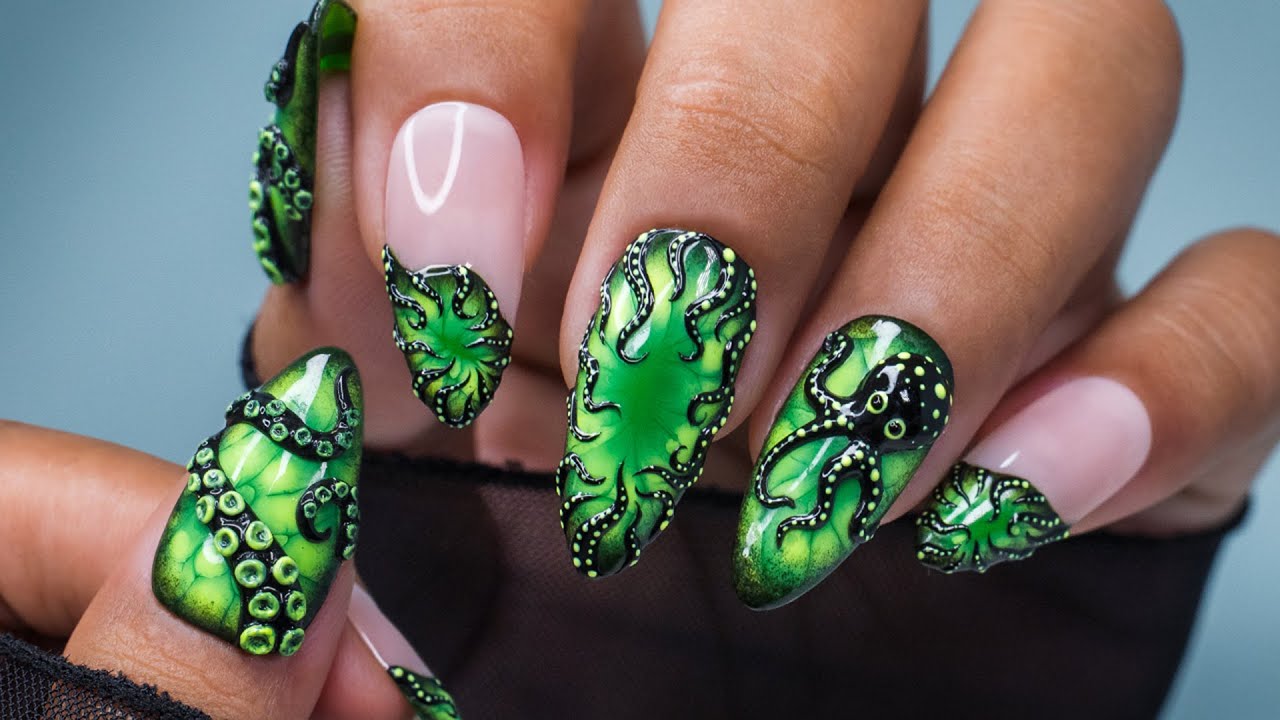 🐙Dark Octopus Tentacles Nail Art Full Tutorial | 💚Spooky  Halloween Nail Ideas