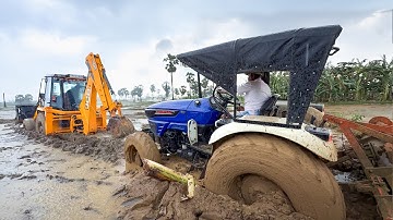 JCB 3DX Super Goes to Rescue Farmtrac 60 4x4 Tractor Stuck in Mud and Palm Tree Cleaning | Jcb video